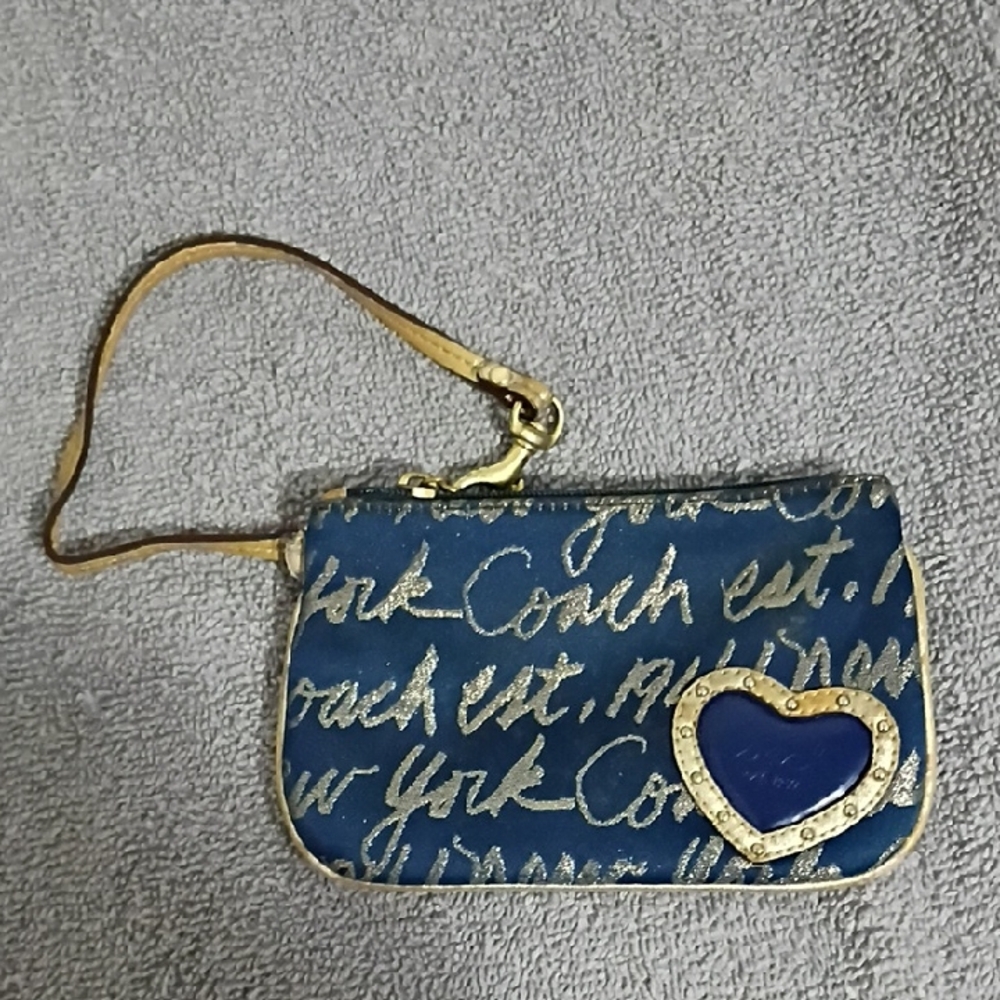 Coach Blue and Gold Wristlet with Heart Detail